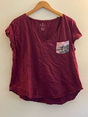 American Eagle Outfitters Burgundy V-Neck Pocket Tee with Palm Print